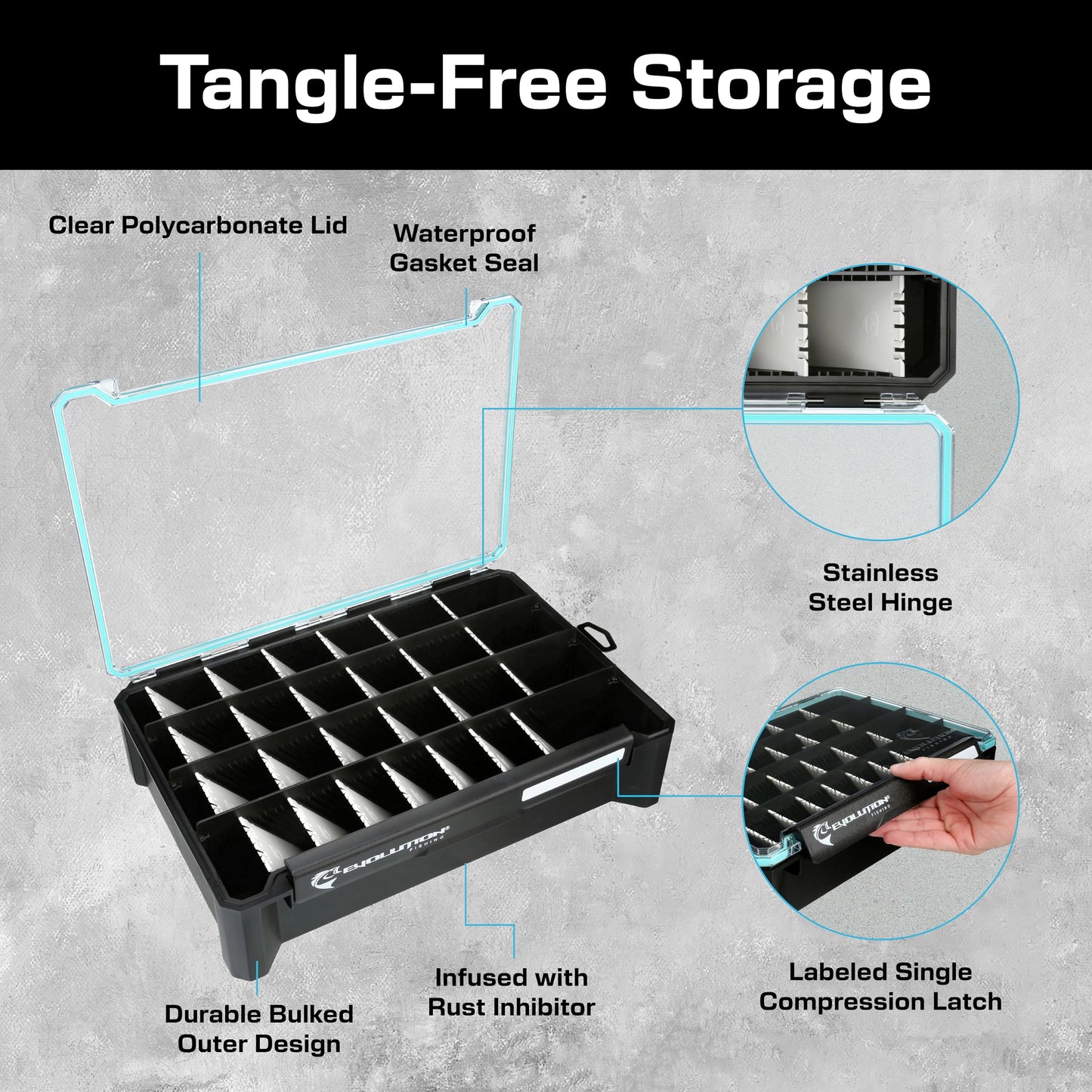 Evolution Fishing BallistiX HANGR 3.7D Tackle Tray - Waterproof, Angled Divider System, Anti-Corrosion, Single Latch, Clear Lid, Lure Box, Tackle Storage, Tackle Box Organizer
