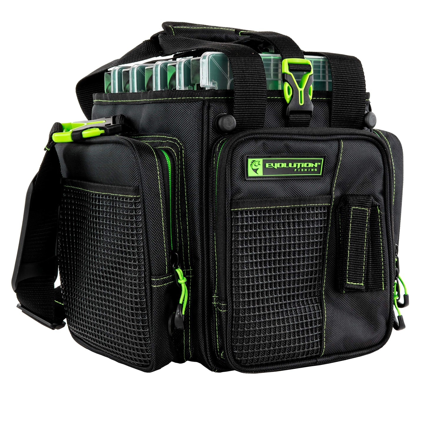 Evolution Outdoor Drift Series Topless Vertical Tackle Bag – Outdoor Rucksack w/ 5 Fishing Tackle Trays, Padded Handle and Shoulder Strap, Plier Holster, Tackle Carrying Case