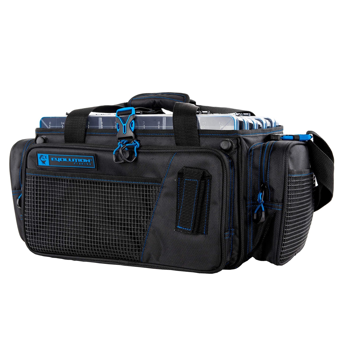 Evolution Outdoor Drift Series Topless Horizontal Tackle Bag – Outdoor Rucksack w/ 5 Fishing Tackle Trays, Padded Handle and Shoulder Strap, Plier Holster, Tackle Carrying Case