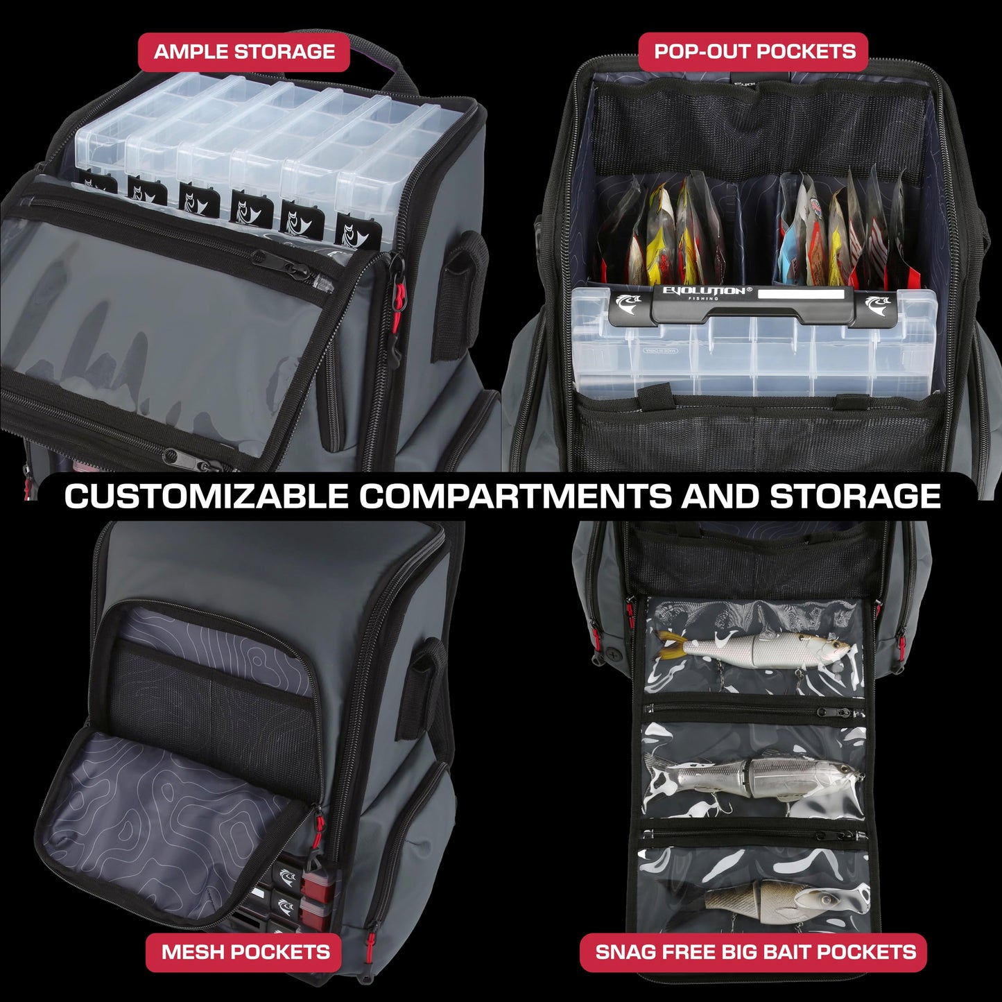 Evolution Outdoor Fishing Largemouth 3.0 Tackle Backpack - Patent Pending Modular Dividers, Rod Holders, Heavy Duty Fishing Backpack, Includes Quiklatch Tackle Trays