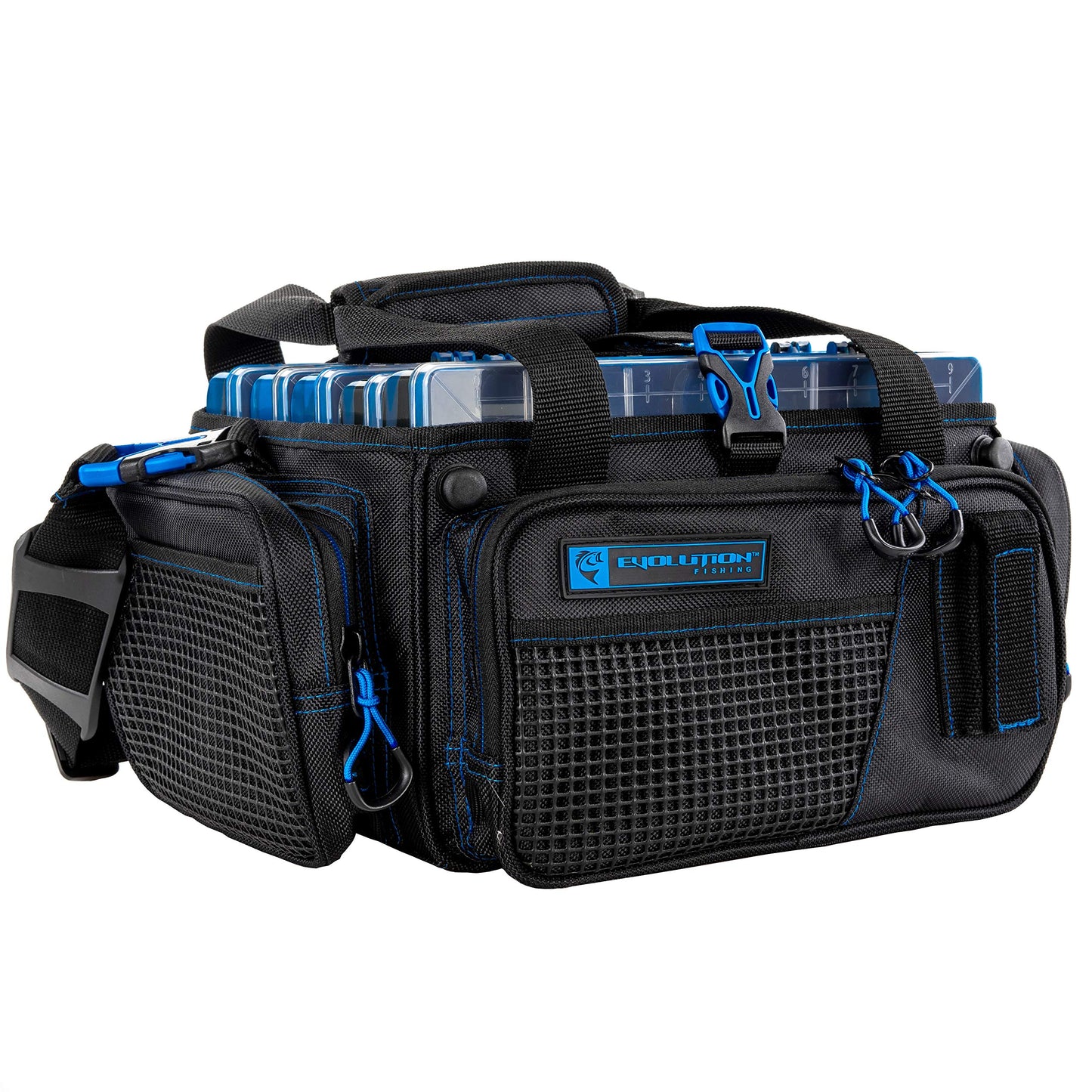 Evolution Outdoor Drift Series Topless Horizontal Tackle Bag – Outdoor Rucksack w/ 5 Fishing Tackle Trays, Padded Handle and Shoulder Strap, Plier Holster, Tackle Carrying Case
