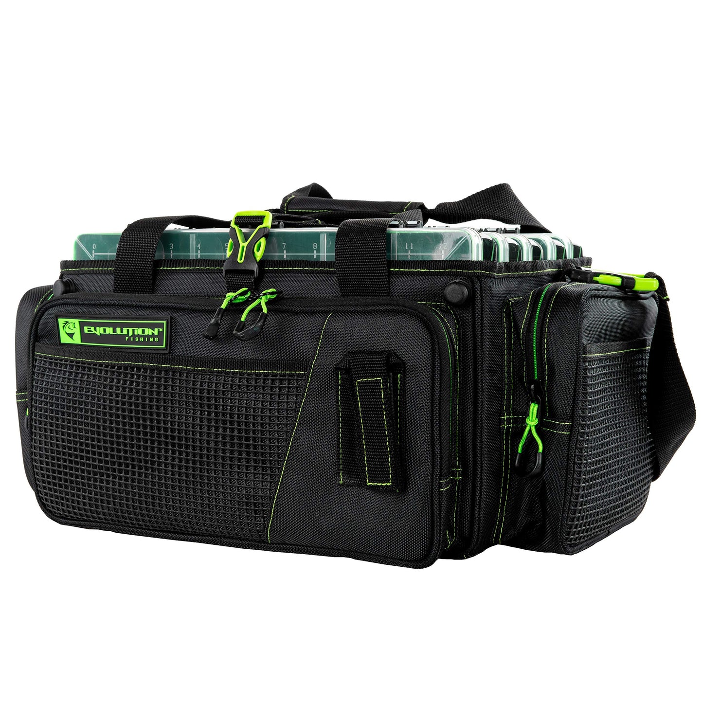 Evolution Outdoor Drift Series Topless Horizontal Tackle Bag – Outdoor Rucksack w/ 5 Fishing Tackle Trays, Padded Handle and Shoulder Strap, Plier Holster, Tackle Carrying Case