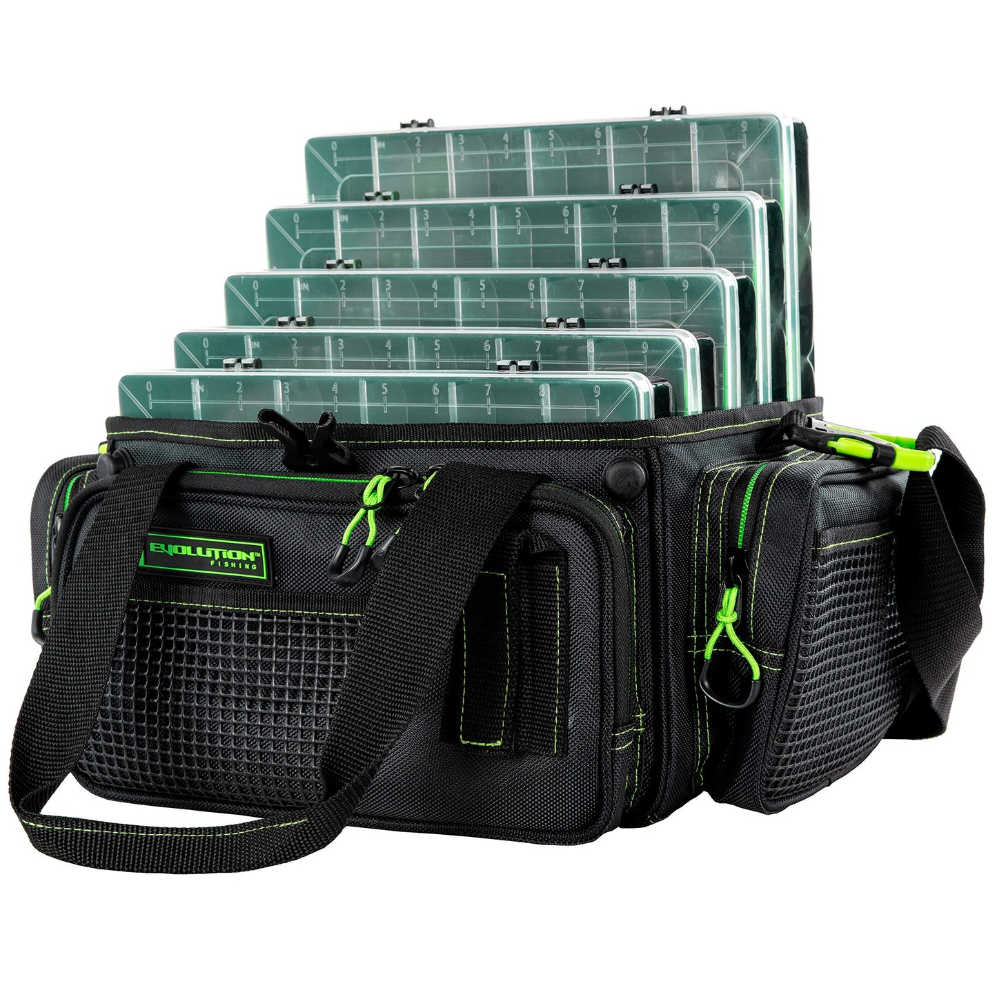 Evolution Outdoor Drift Series Topless Horizontal Tackle Bag – Outdoor Rucksack w/ 5 Fishing Tackle Trays, Padded Handle and Shoulder Strap, Plier Holster, Tackle Carrying Case