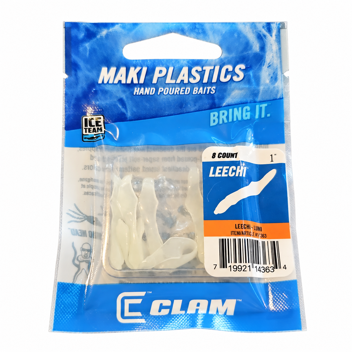 Clam Maki Leechi Lumi 1-inch soft plastic leech bait, 8-count package