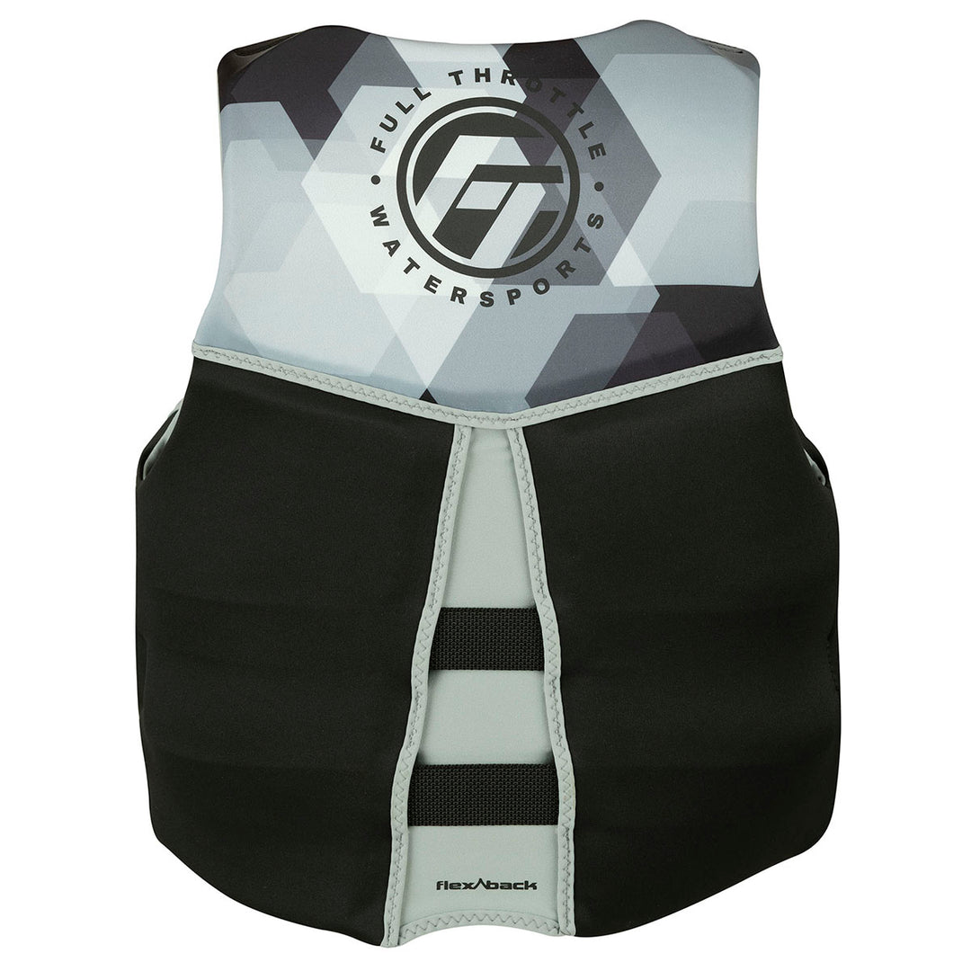 Full Throttle Rapid-Dry Flex-Back life jacket in grey and black, back view