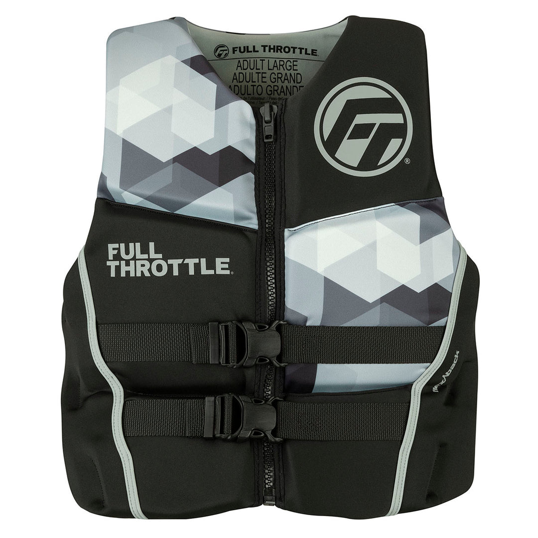 Full Throttle Rapid-Dry Flex-Back life jacket in grey and black, front view; manufacturer stock photo