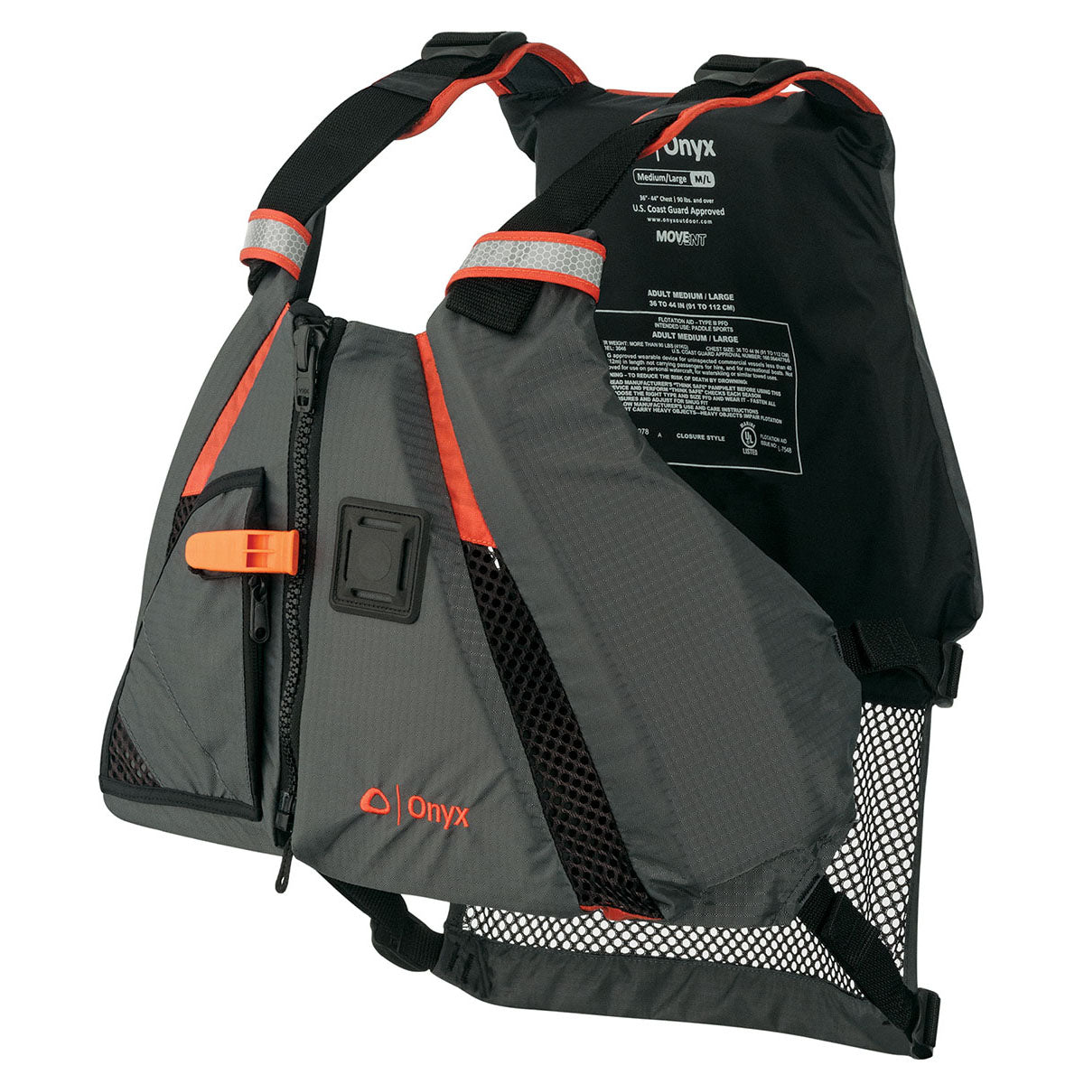 Onyx MoveVent Dynamic paddle life vest in orange and gray, Medium/Large