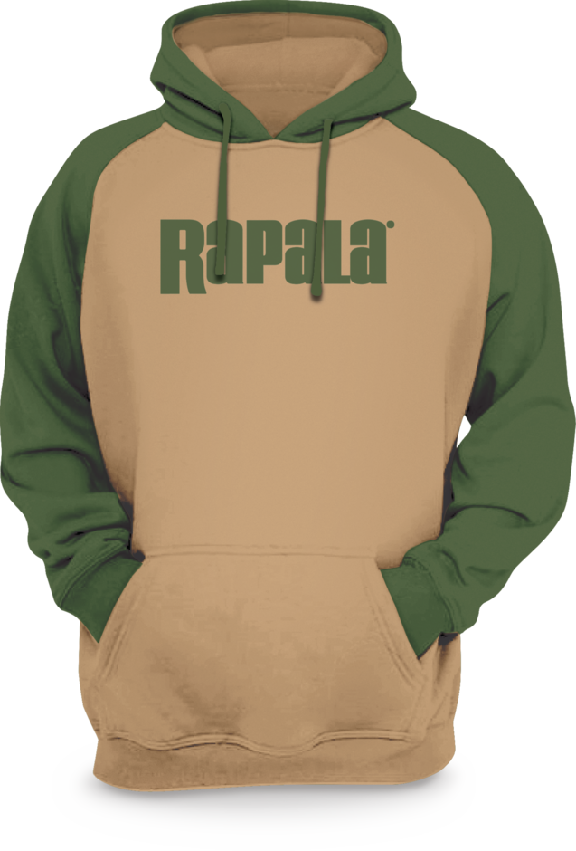 Rapala hooded sweatshirt in Khaki Moss with green sleeves, hood, and chest logo