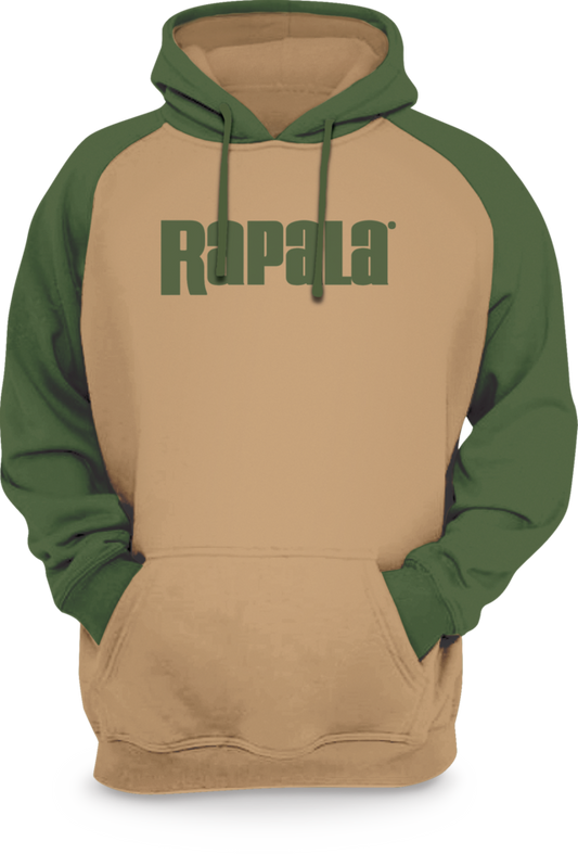Rapala hooded sweatshirt in Khaki Moss with green sleeves, hood, and chest logo