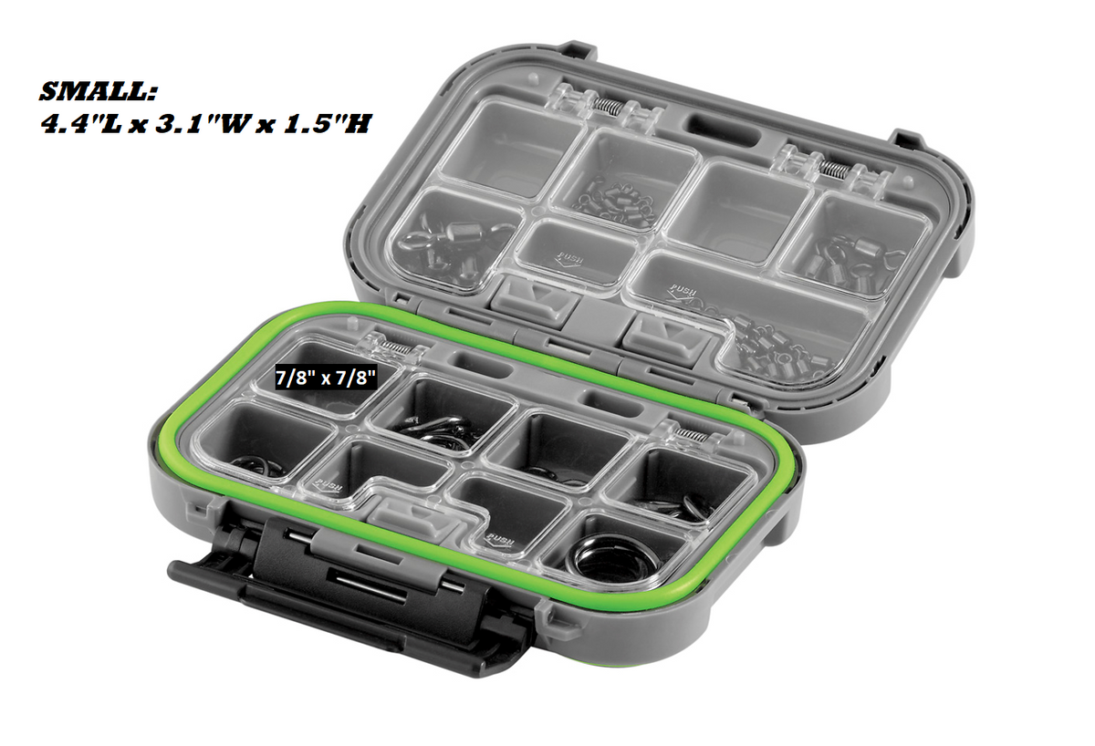 SPRO STBTM-S small waterproof terminal tackle box in gray and green, 15 compartments